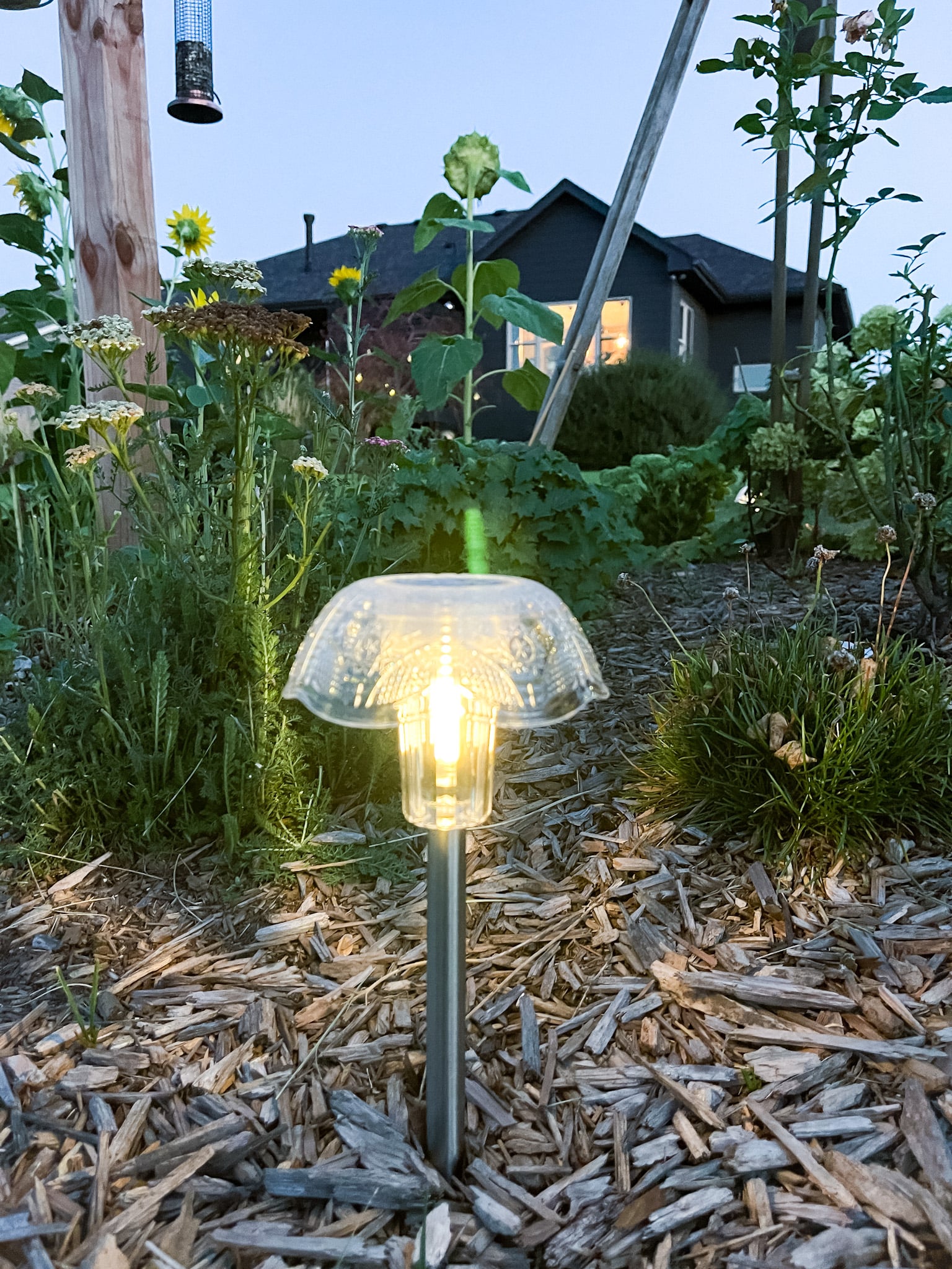 Customized solar light in a flower bed with sunflowers, yarrow, and bird feeders.