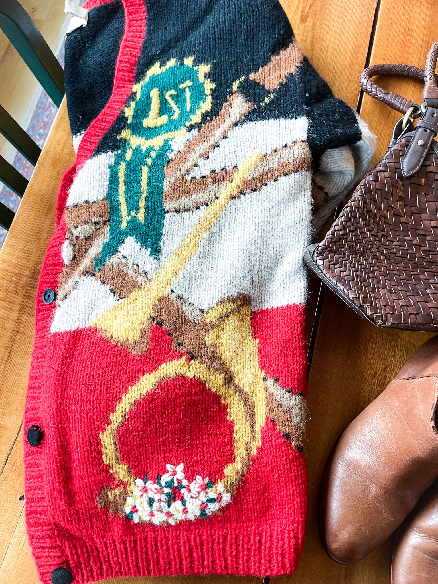 vintage equestrian sweater, brown leather basket weave purse, brown leather booties