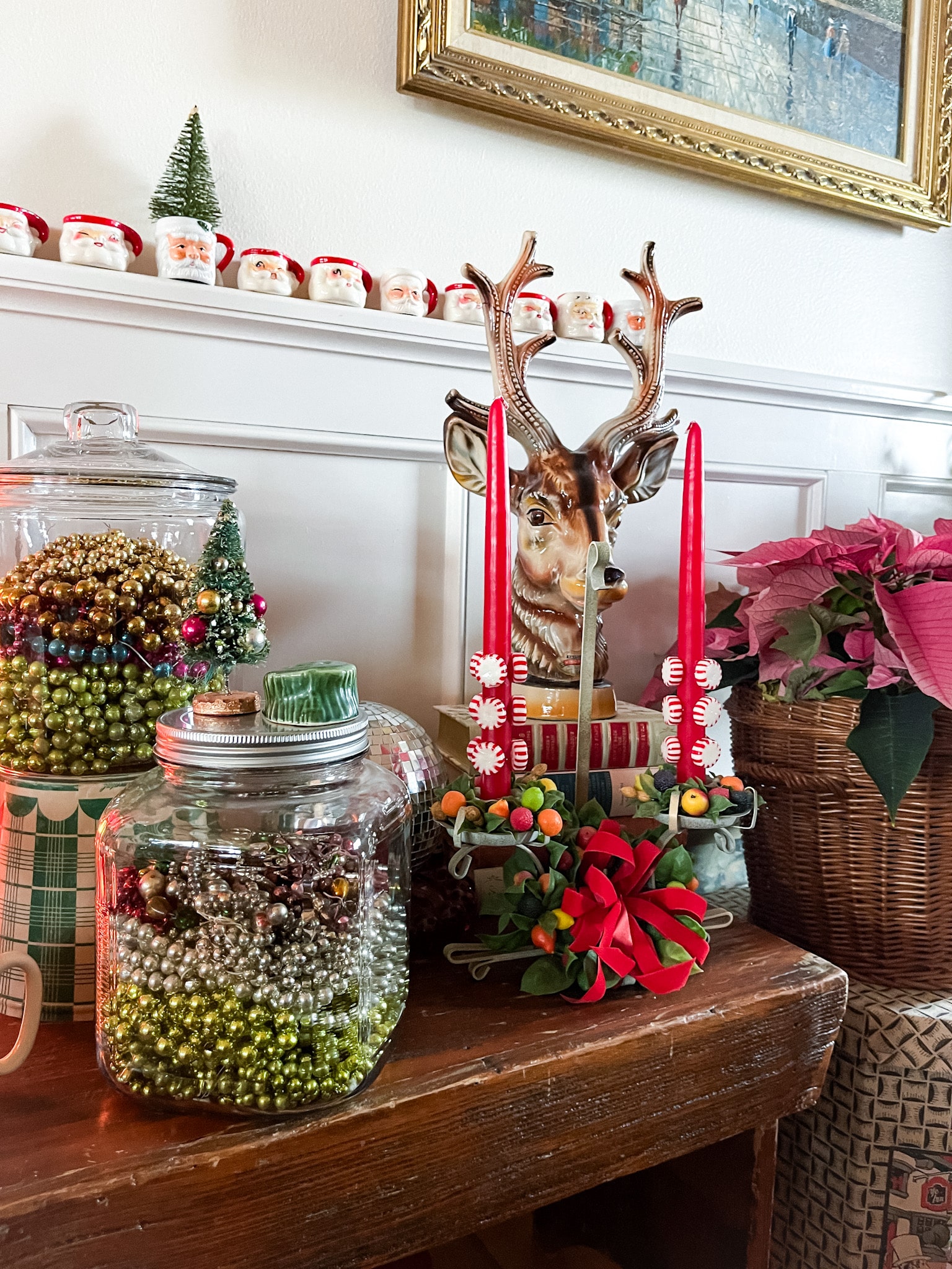 vintage christmas decor including santa mugs, bottle brush trees, mercury glass garland, and candy cane crafts 