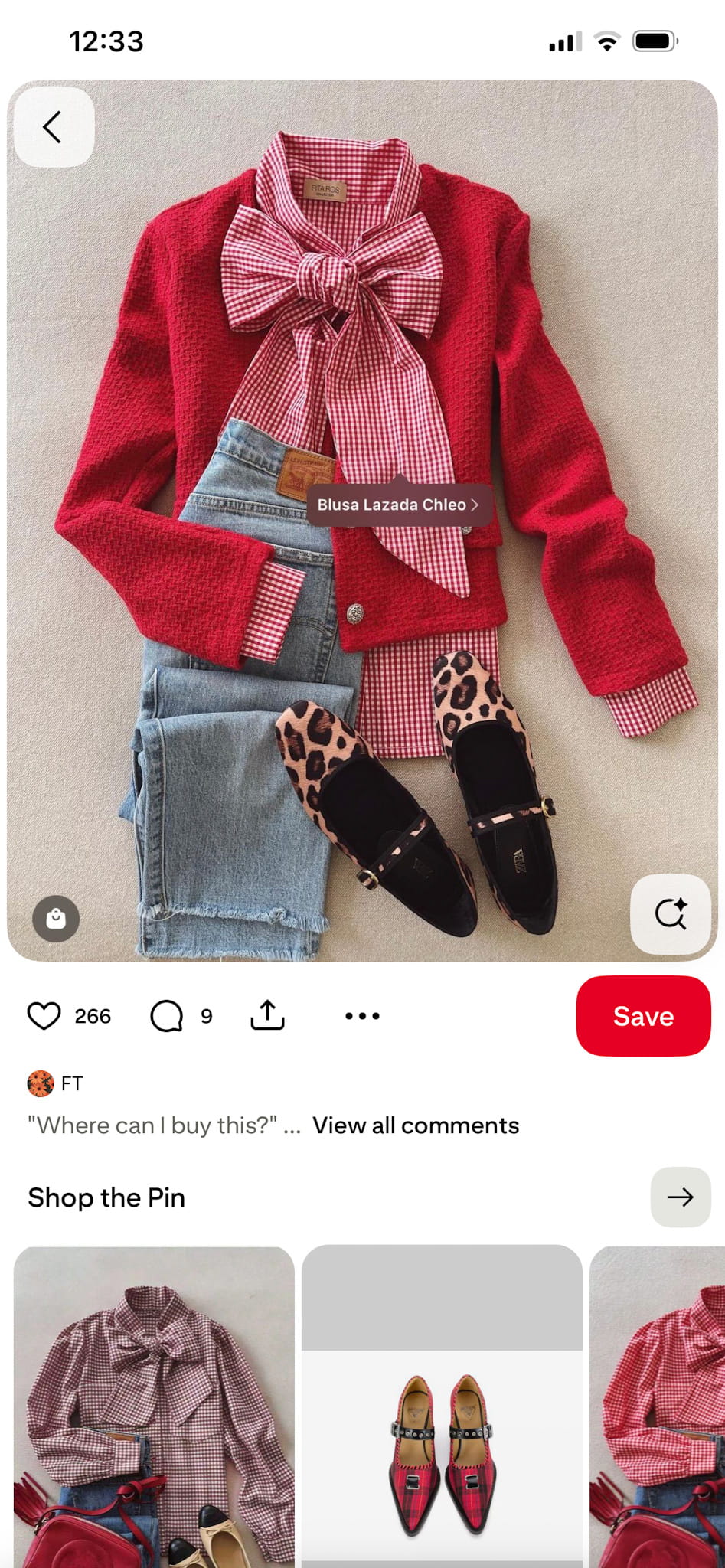 flatlay outfit: red blazer/sweater, red and white shirt, jeans, and leopard shoes