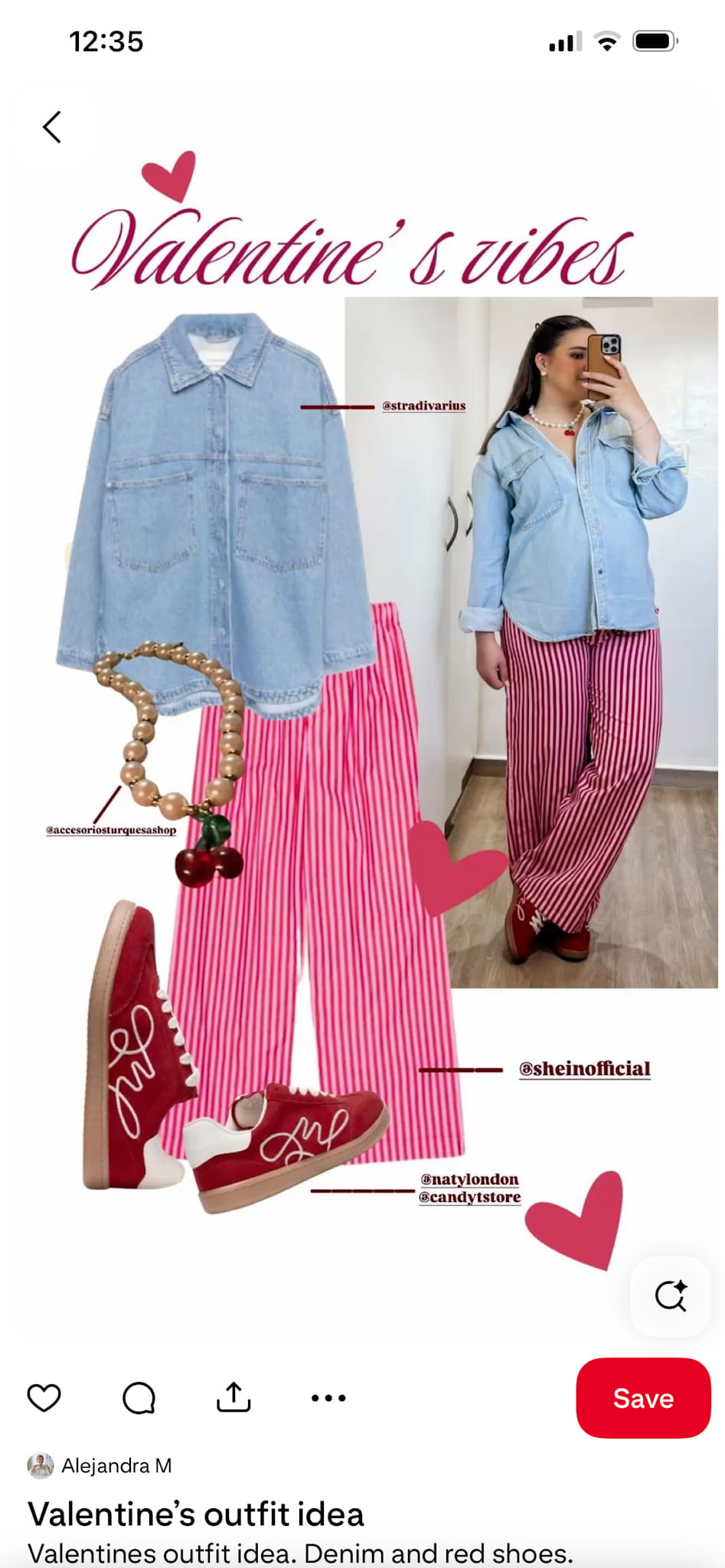 outfit inspiration: woman in a denim/chambray shirt, red and pink pajama style pants, and red tennis shoes