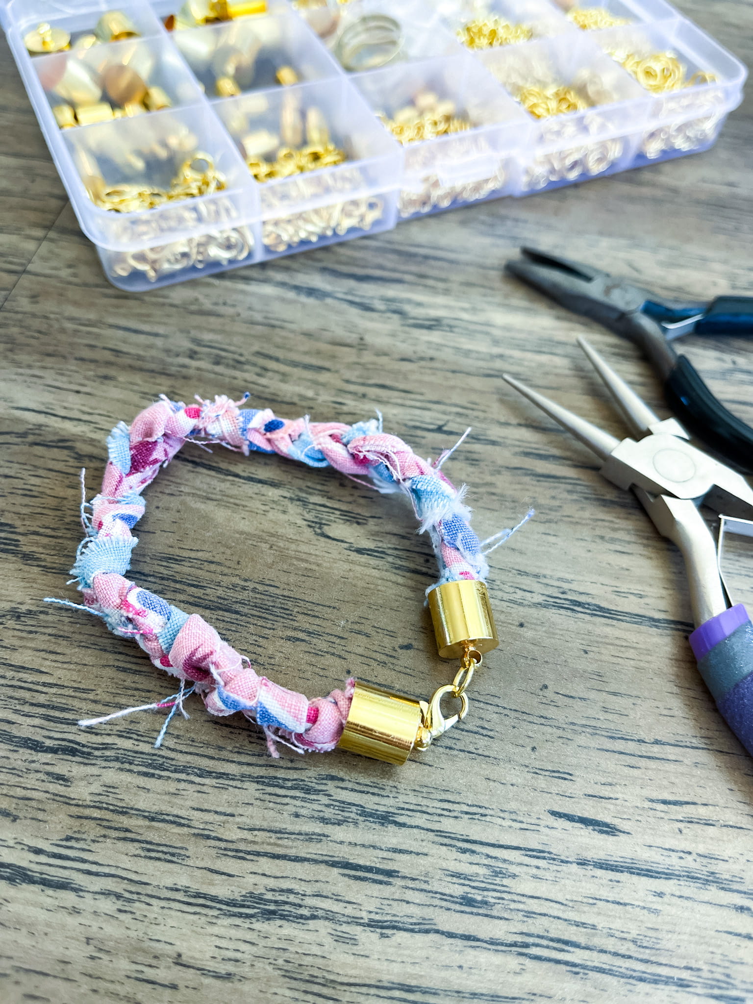 braided fabric with jewelry hardware and jewelry making tools