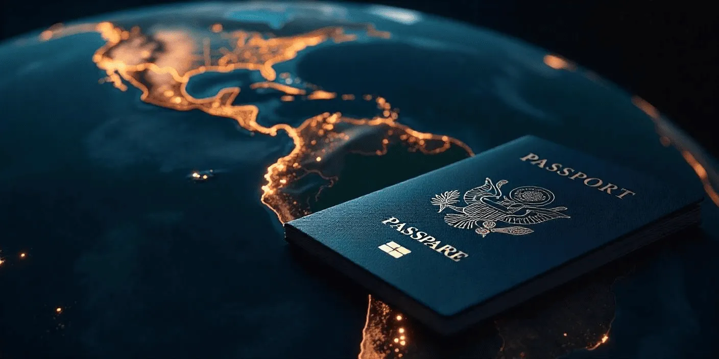 A blue passport sits on a globe.