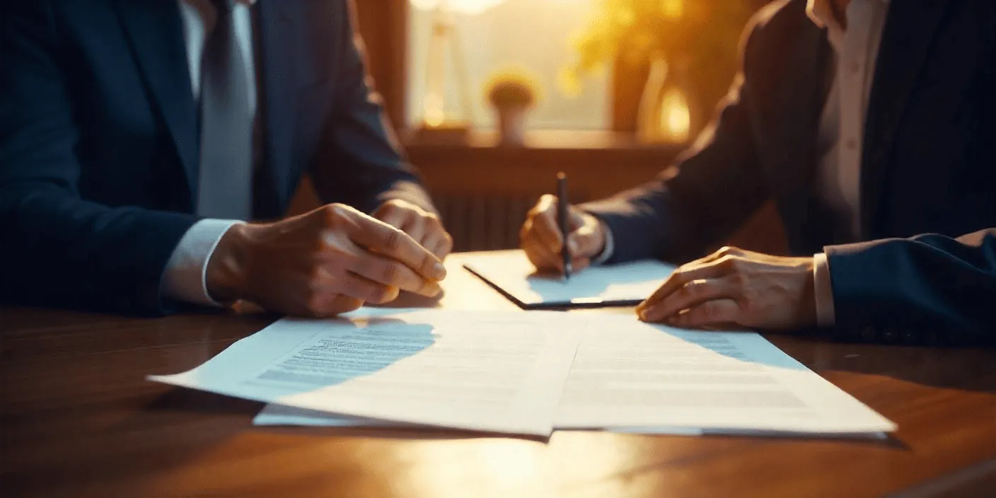Two men signing papers at a desk.