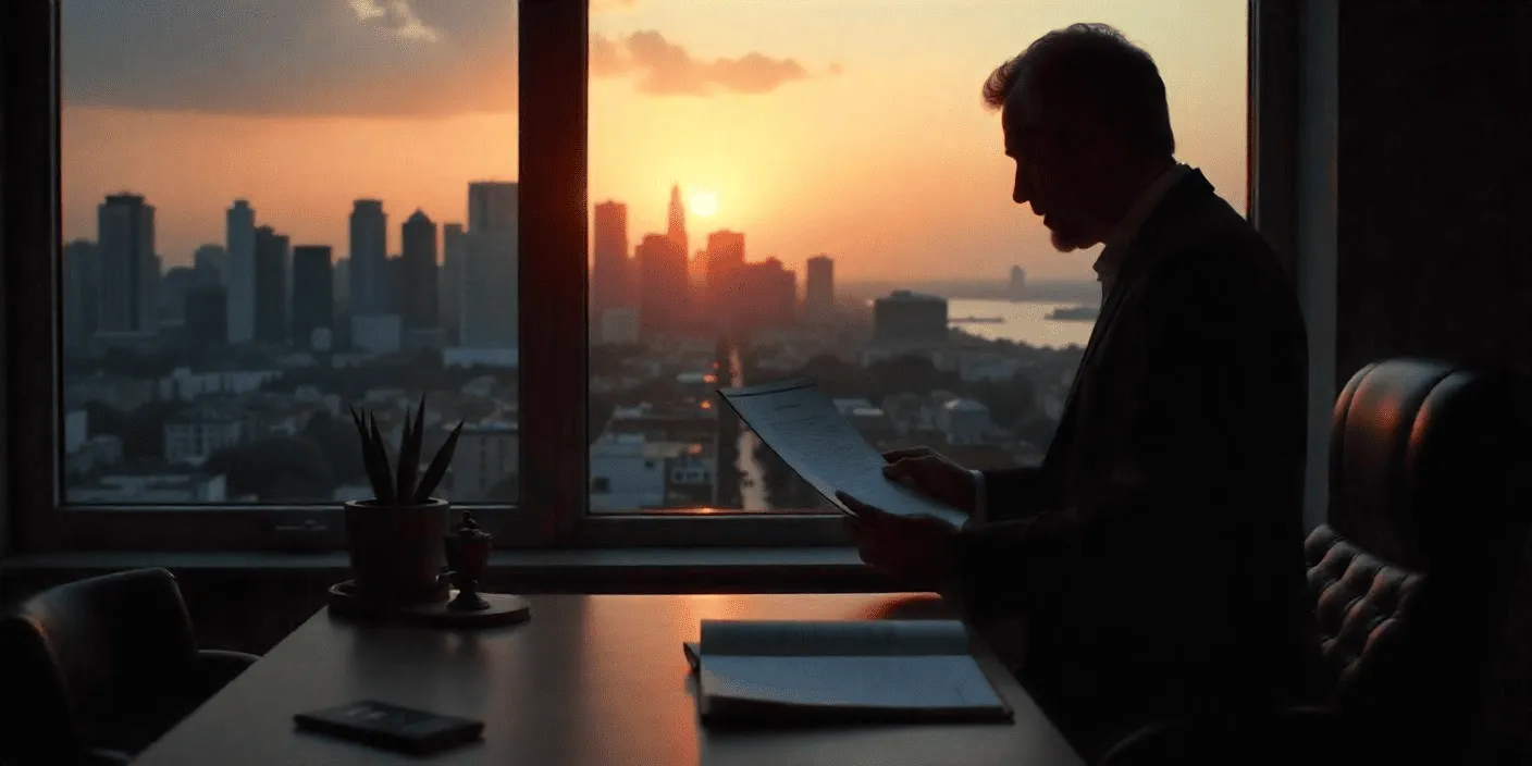 A man sitting at a desk looking at a piece of paper.