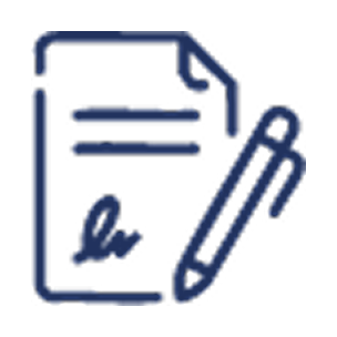 Icon of a document with text lines and a signature alongside a pen.