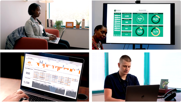 This image is divided into four parts showing data dashboards and people working on laptops