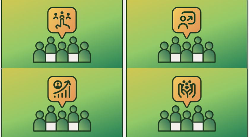 Four icons depicting the various Workforce Conversation Guides: Hiring, Performance Management, Recruitment, and Onboarding