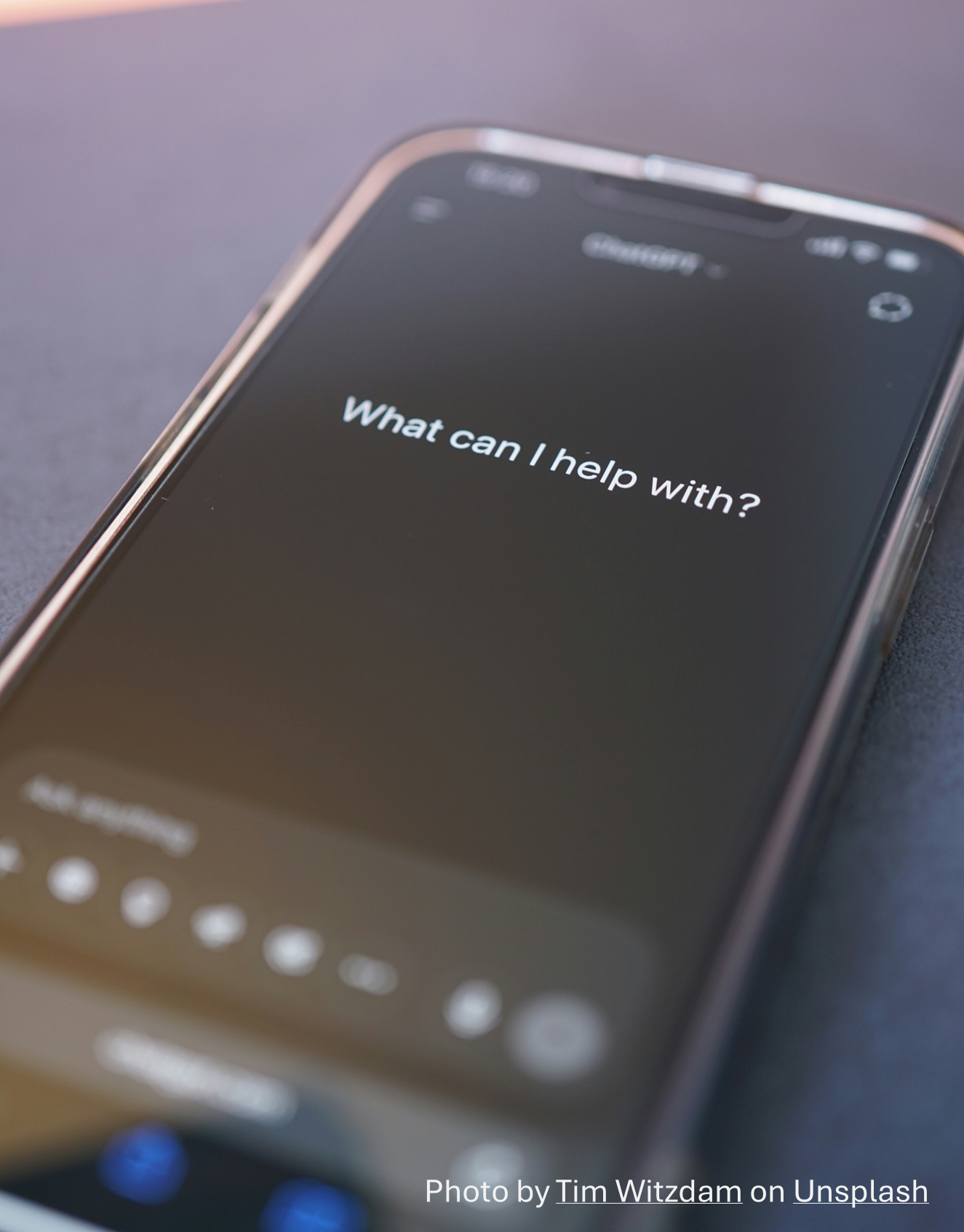 A mobile phone screen that says "what can I help with?"