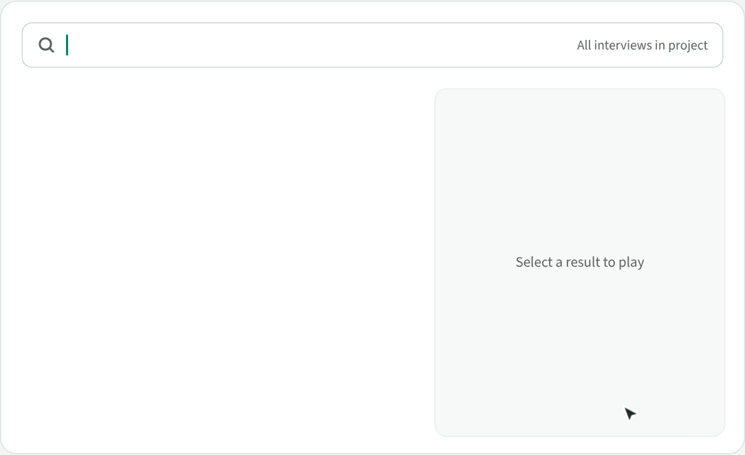 Animation: a search returns timestamped matches from three interviews and jumps the player to the selected moment.