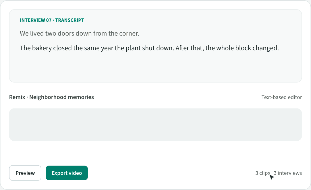 Animation: a highlighted transcript sentence becomes a clip and joins clips from two other interviews in a remix.
