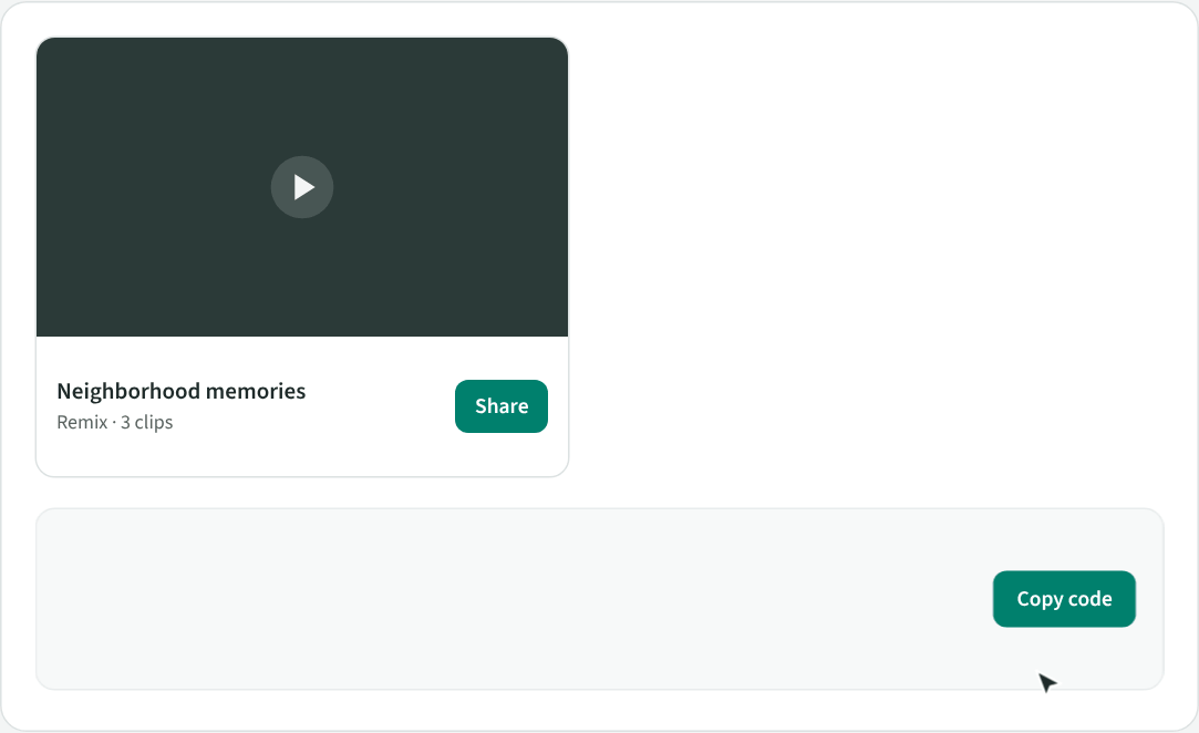 Animation: a clip's embed code is copied and the player appears on a digital exhibit page with a gallery.