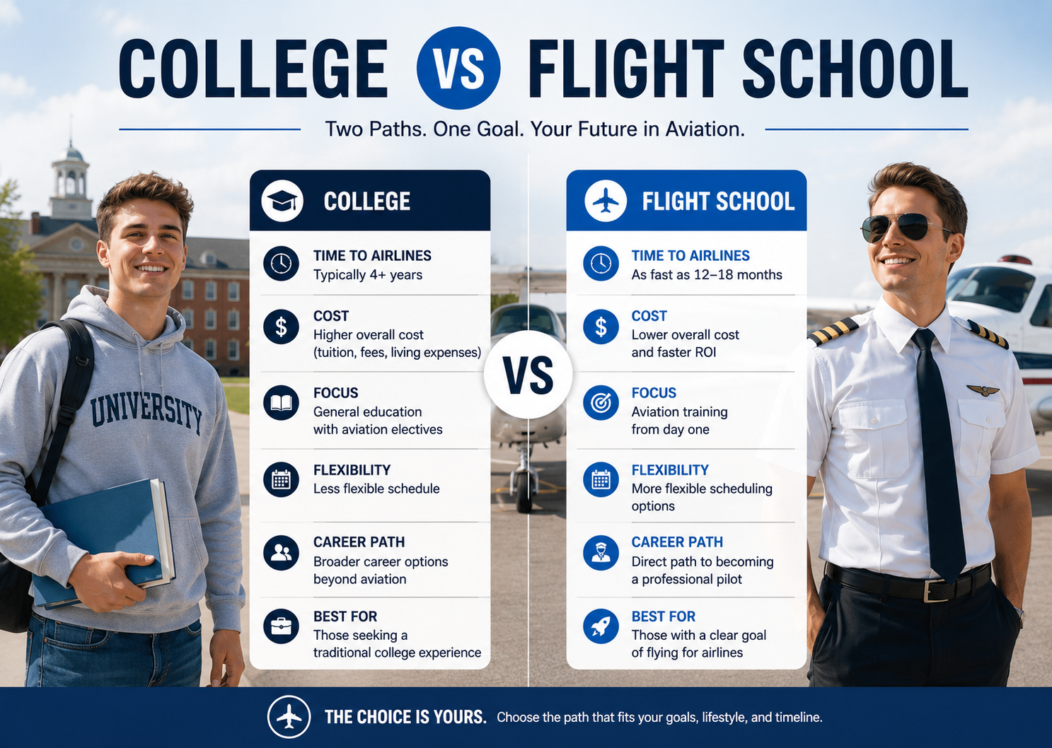 Savannah Aviation blog illustration: College vs Flight School: Which Path Is Better for Aspiring Pilots
