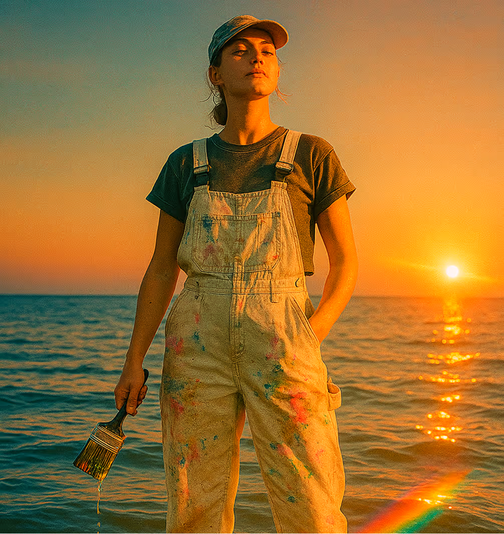 Person in workwear standing on the beach during sunset, holding a paint brush