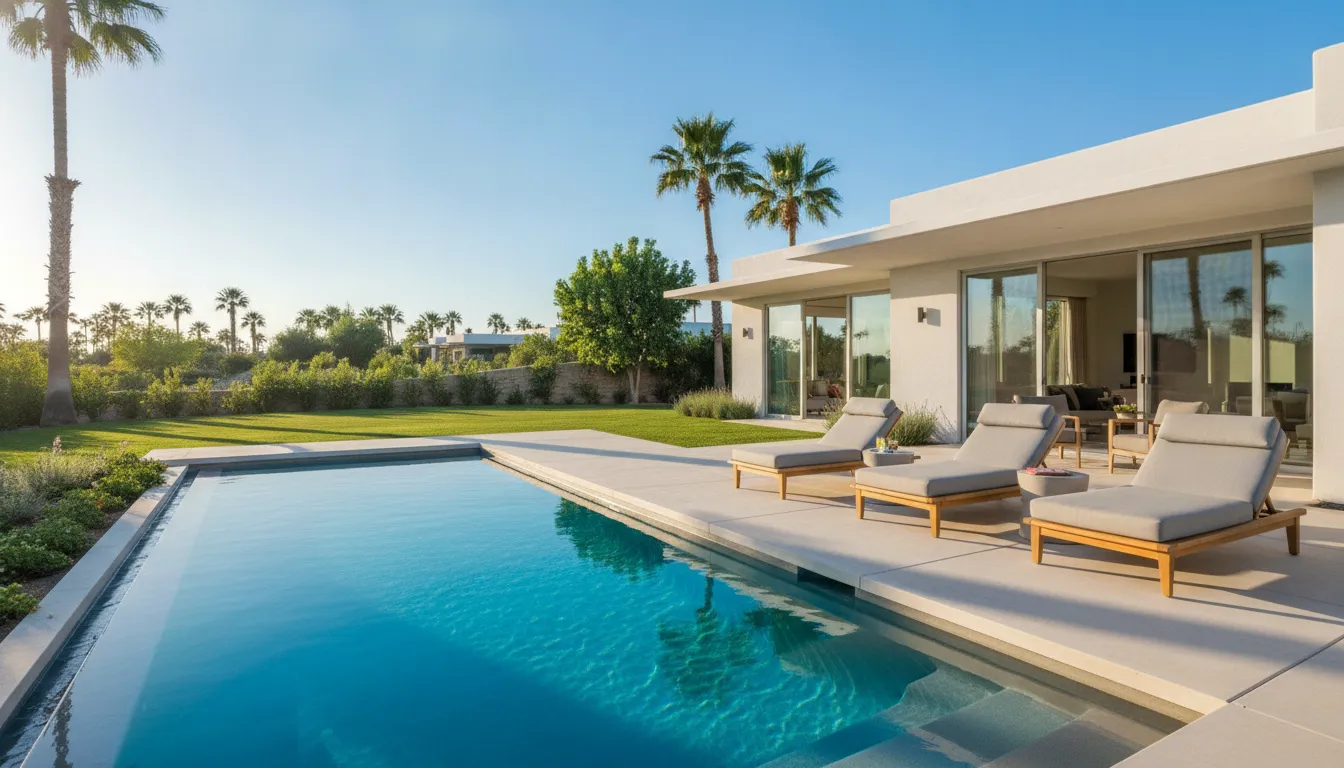 A beautiful luxury vacation home patio with a clean blue swimming pool and lounge chairs, showing the level of upkeep covered by fractional maintenance fees.