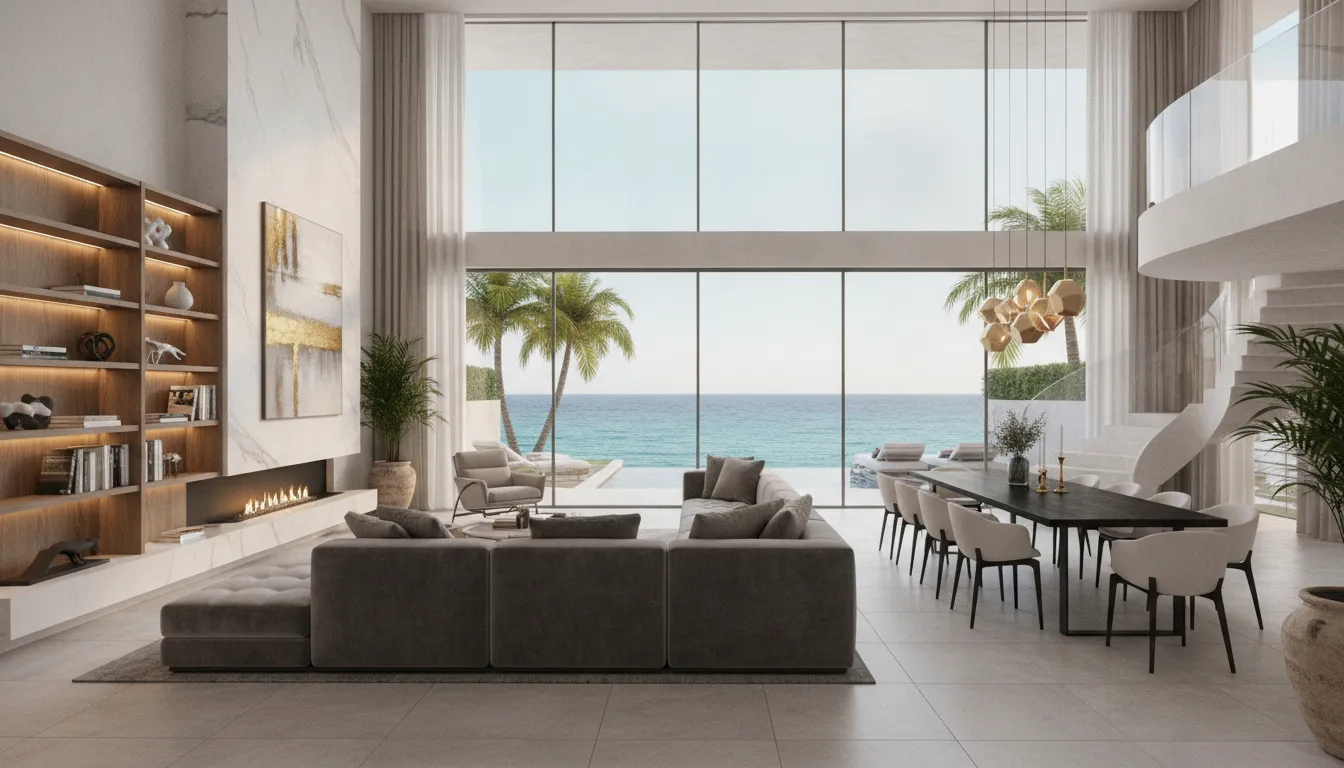 A beautifully designed modern kitchen and living space inside a luxury vacation home