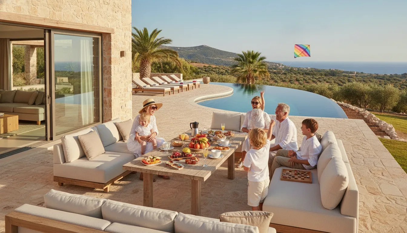 A multi-generational family relaxing on the terrace of a luxury mountain estate