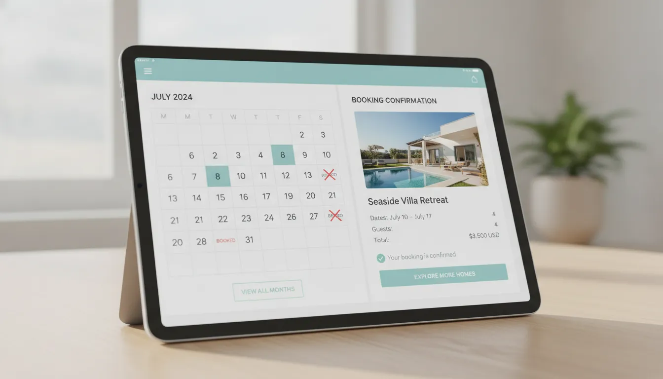 Vacation home booking calendar app interface on a tablet showing available dates and booking confirmation screen