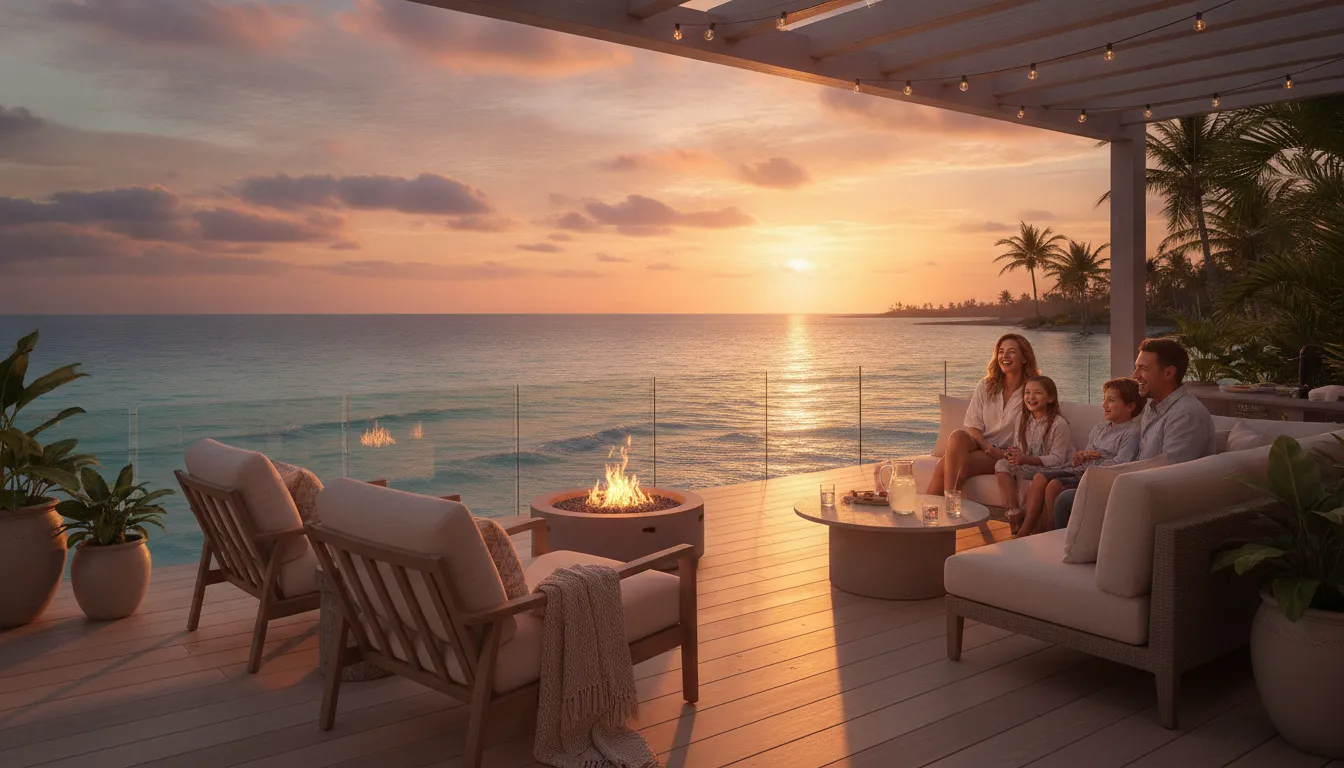 Family enjoying sunset on a luxury beachfront vacation home patio with ocean views