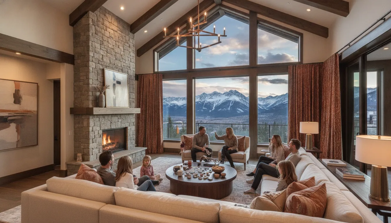 Spacious great room interior of a luxury vacation home with large sectional sofa and mountain views, perfect for multi-generational family gatherings