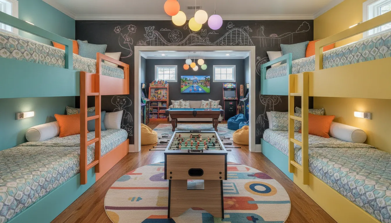 Fun bunk room and game area designed for children and teenagers in a luxury vacation home for multi-generational family trips