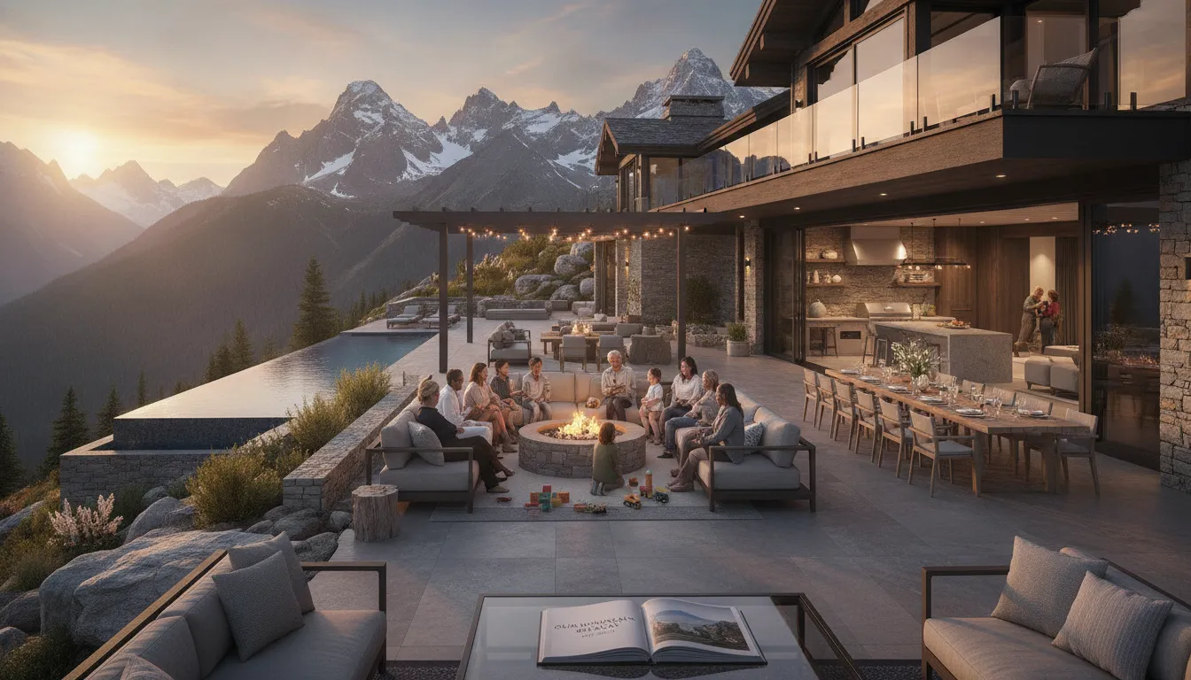 Multi-generational family enjoying a luxury vacation home terrace with mountain views during golden hour