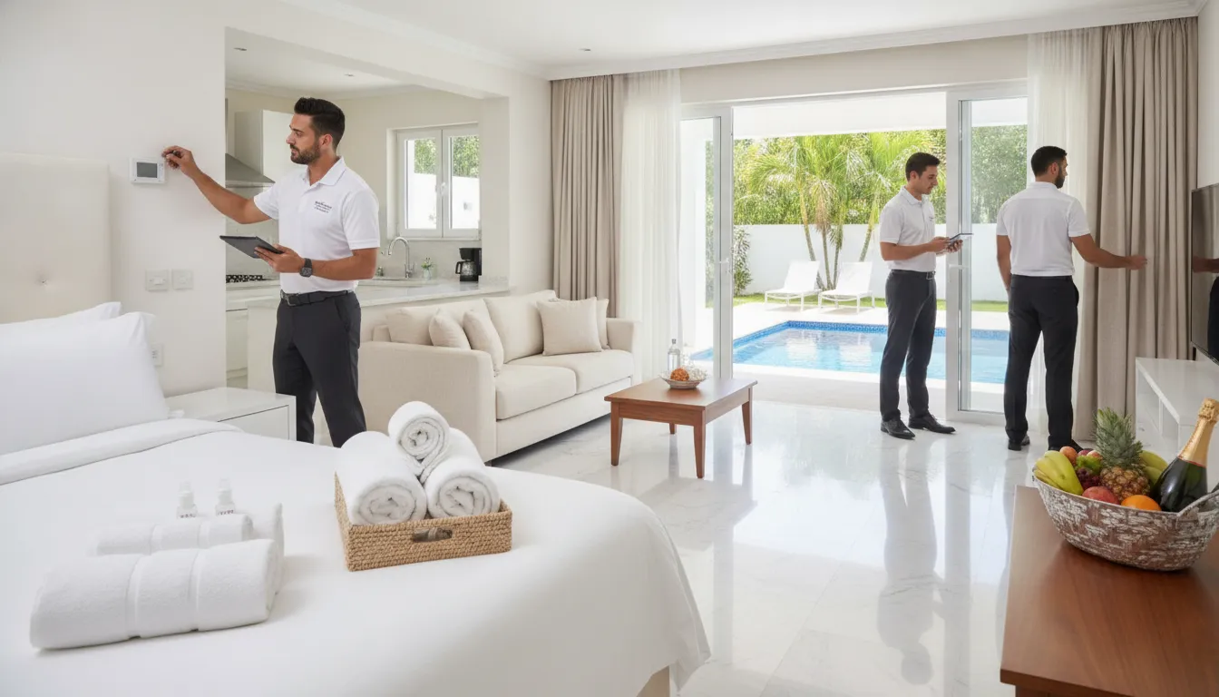 Professional housekeeping team preparing a luxury vacation home for co-owner arrival