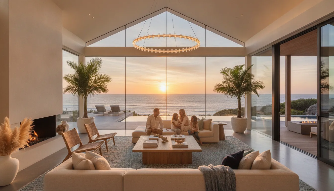 Family gathered in a beautifully furnished luxury co-owned vacation home living room