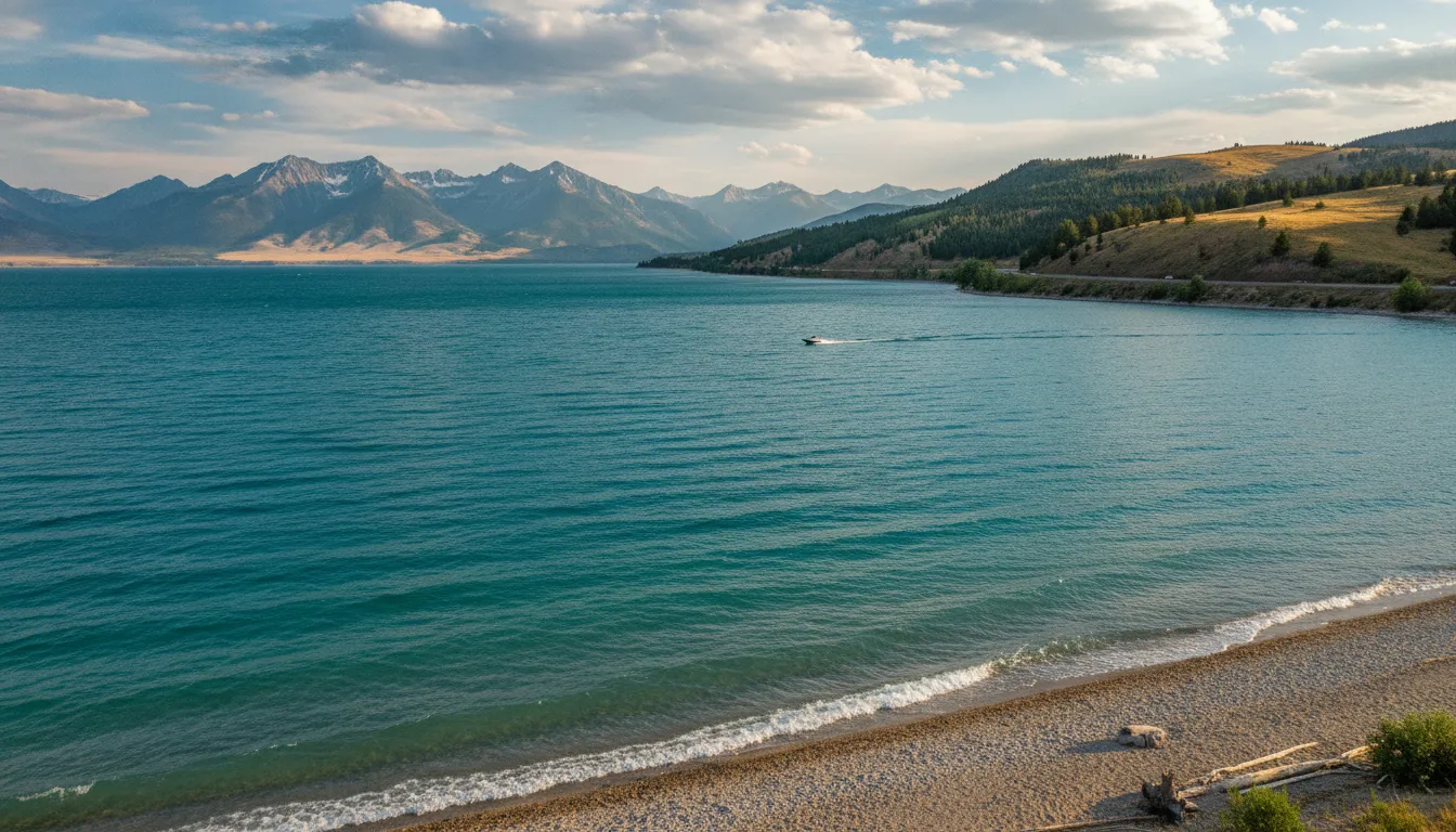 Bear Lake Utah with turquoise blue water surrounded by pine forest and mountains