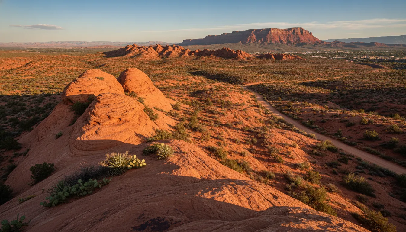 St. George Utah desert resort community with red rock mountains and lagoon