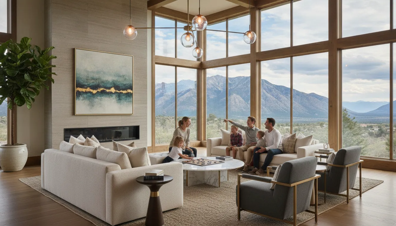 Luxury vacation home living room with mountain views through large windows, elegant modern furniture for family gatherings