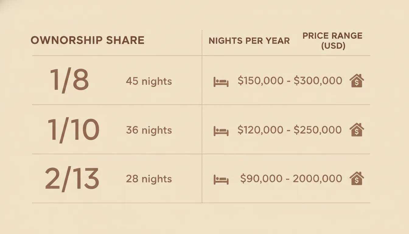 Side-by-side comparison chart of 1/8, 1/10, and 1/13 vacation home ownership shares with nights per year and pricing