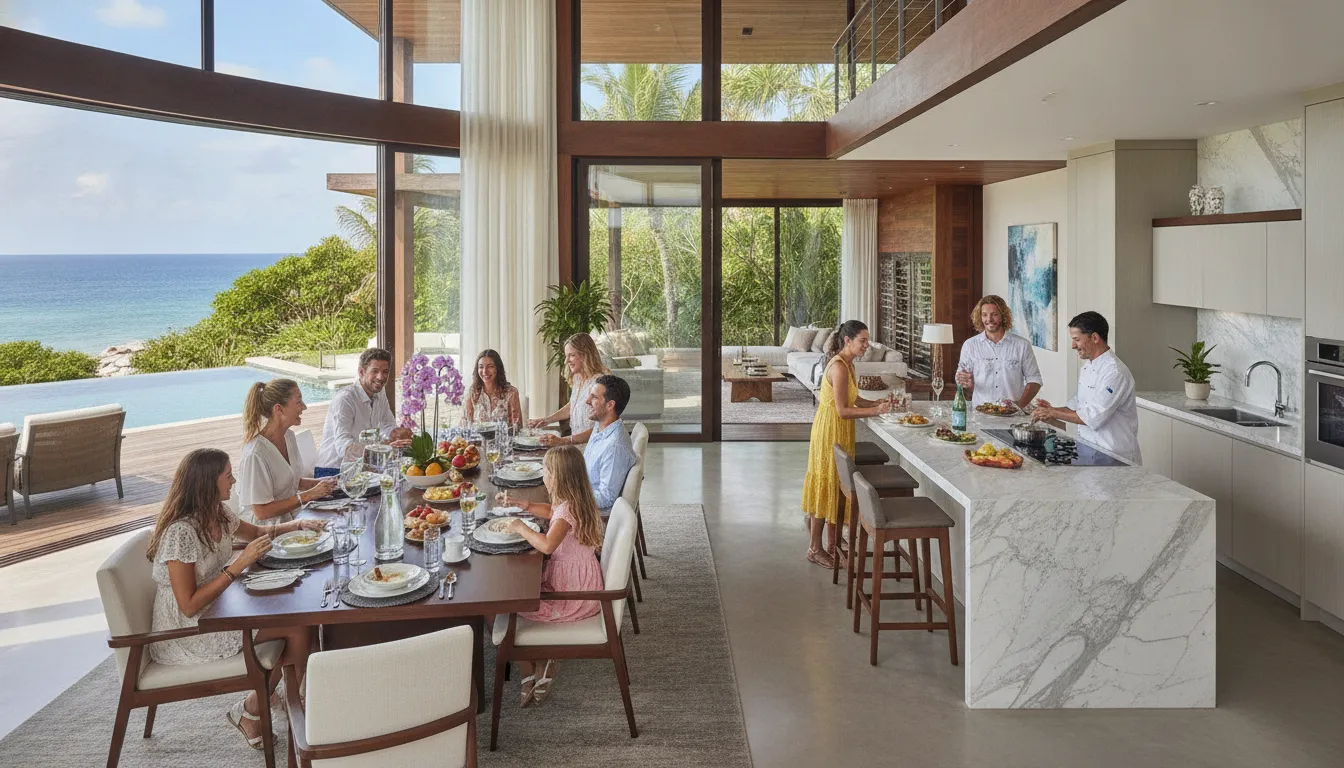 Elegant vacation home dining area with family and kitchen in background