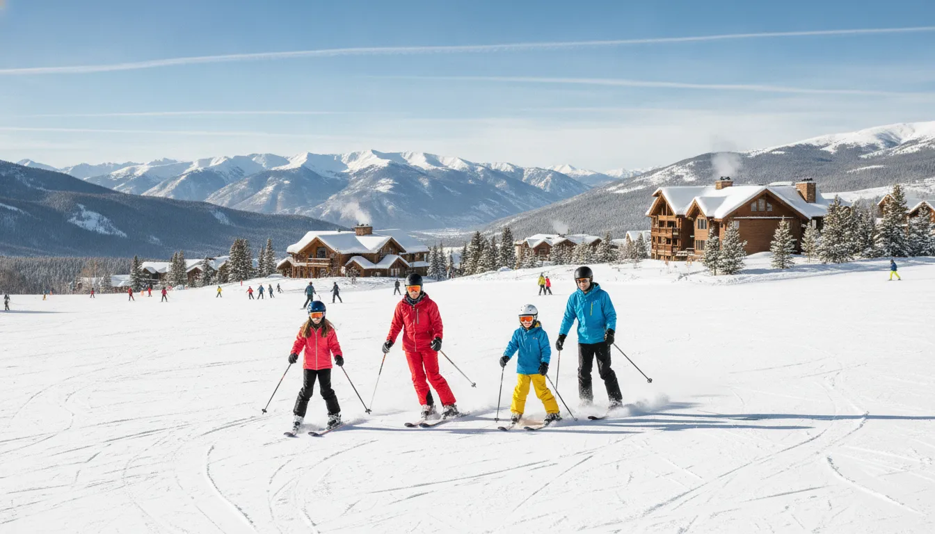 Family skiing on a sunny winter day at Park City Mountain with snow-covered slopes and blue skies