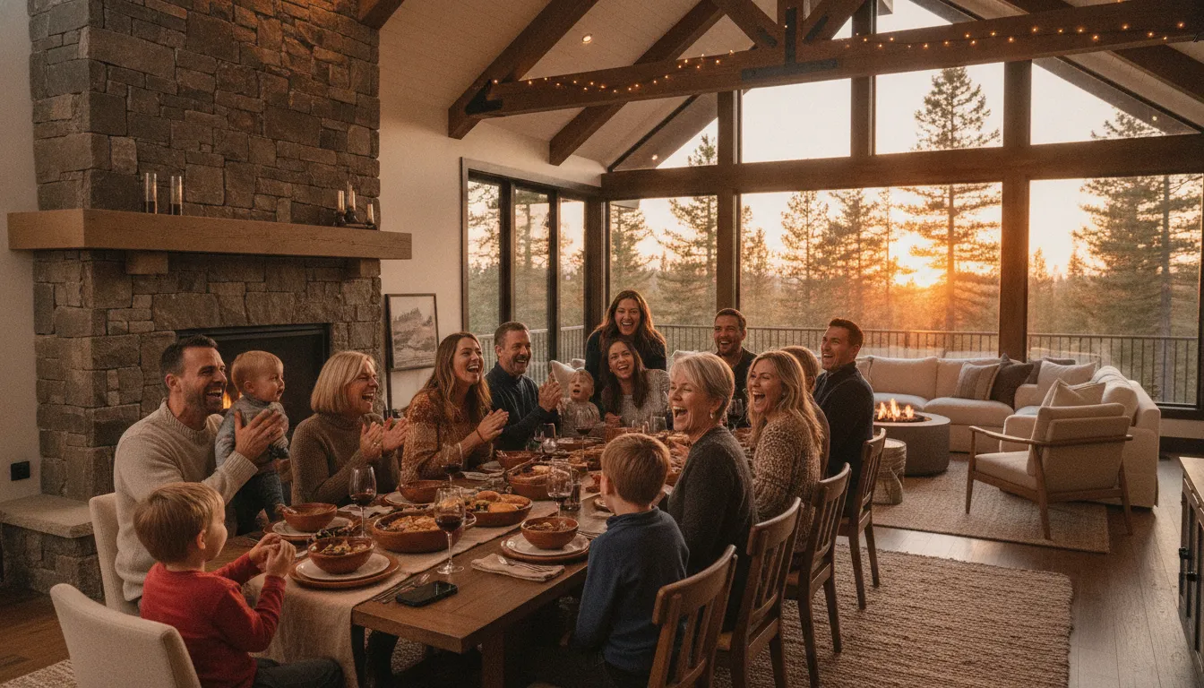 Extended family gathered around a dining table in a warm mountain vacation home, laughing and sharing a meal together