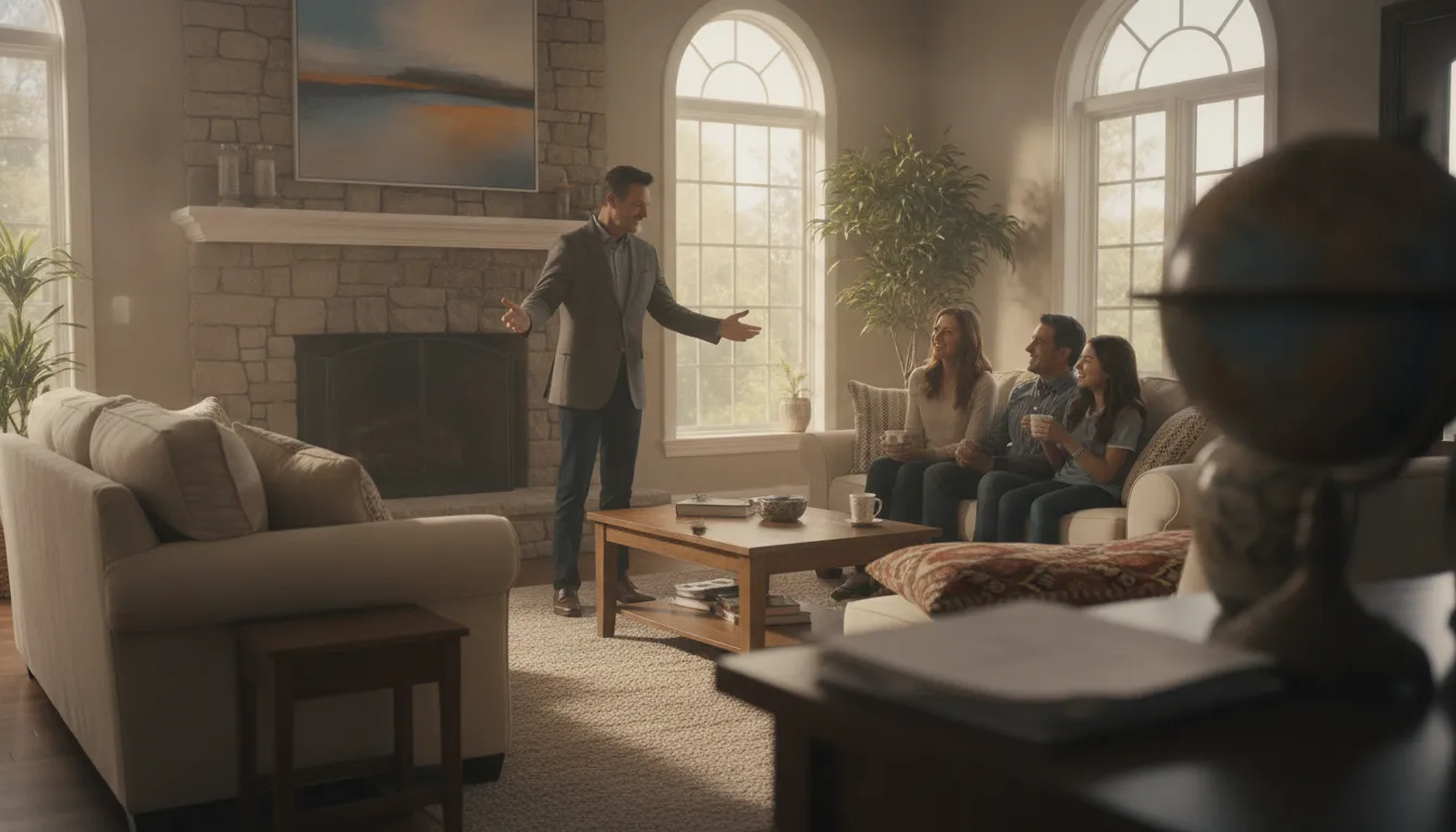 An advisor and family reviewing shared vacation home ownership details in a bright living room