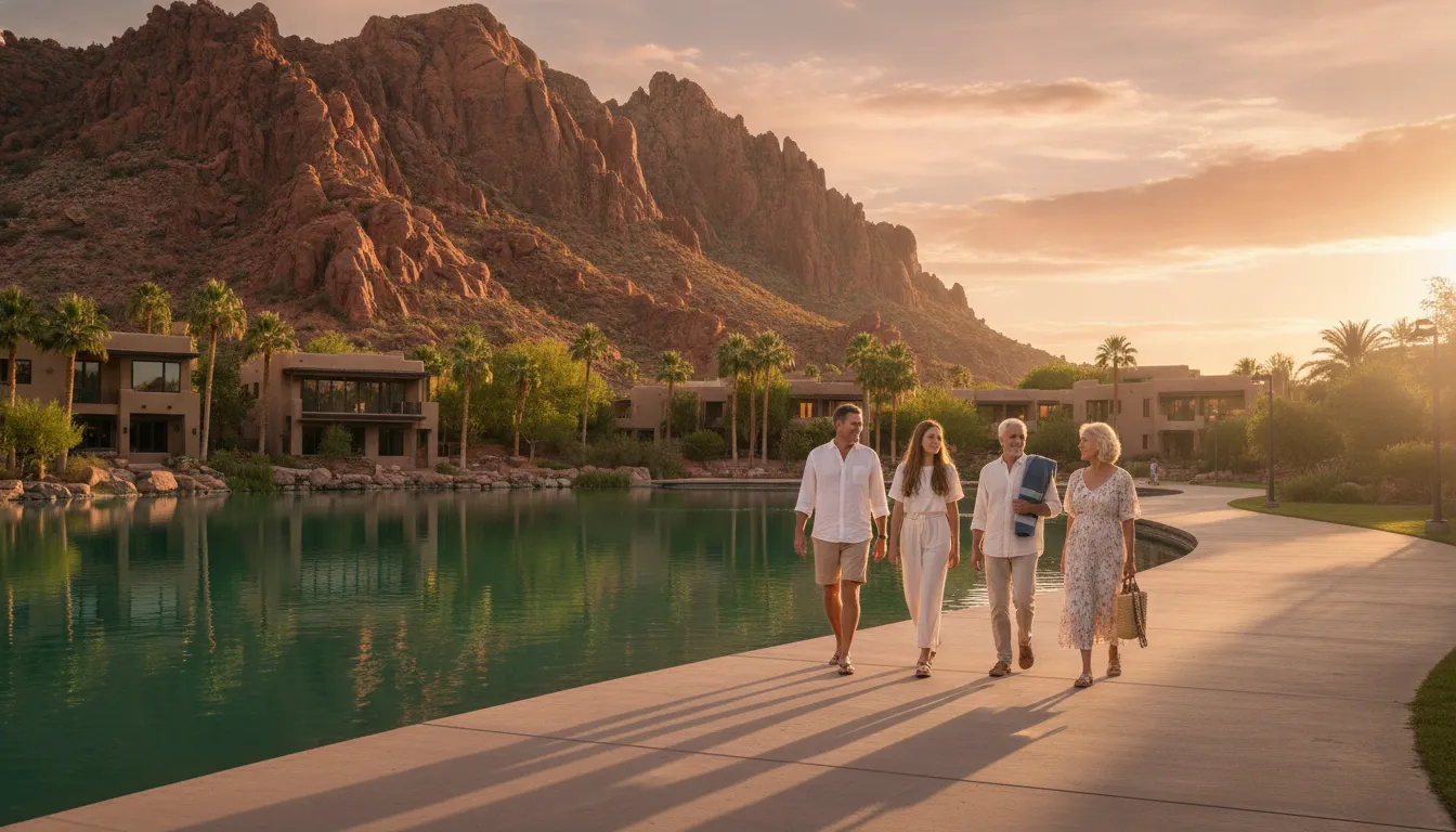 Family walking beside the turquoise Desert Color lagoon at sunset with red rock cliffs in the distance