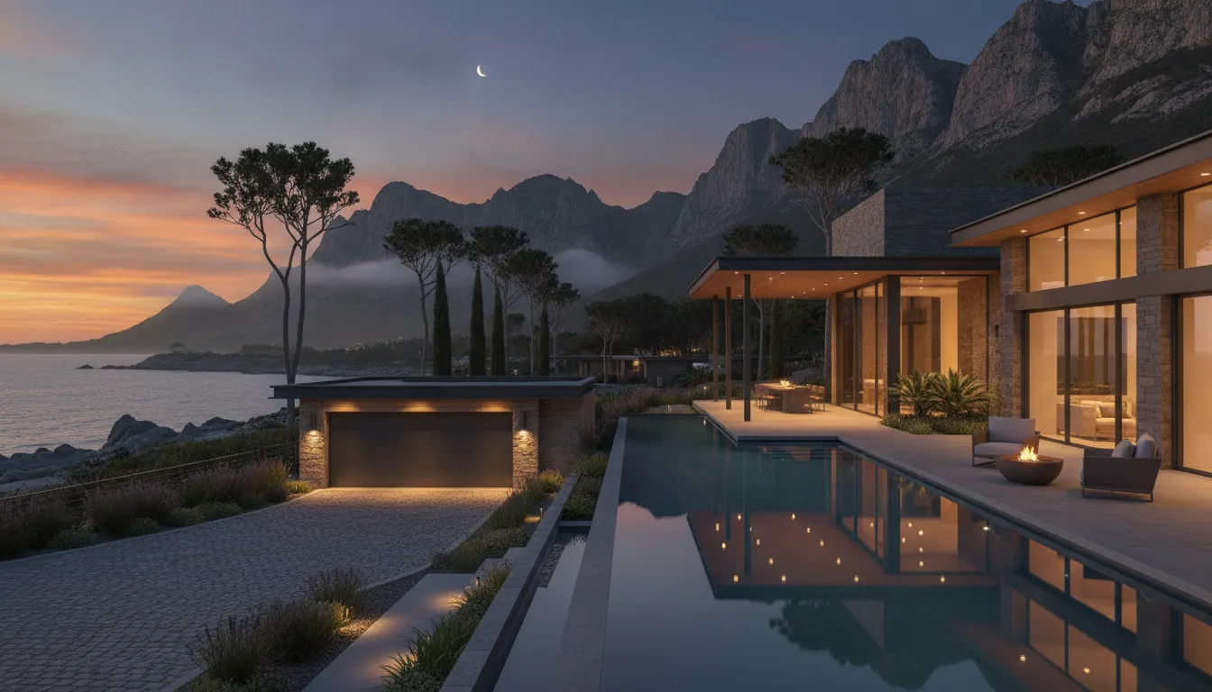 Modern luxury vacation home exterior at dusk with warm window lights
