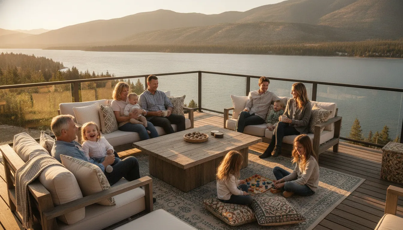 Multigenerational family relaxing on the deck of a vacation home at golden hour