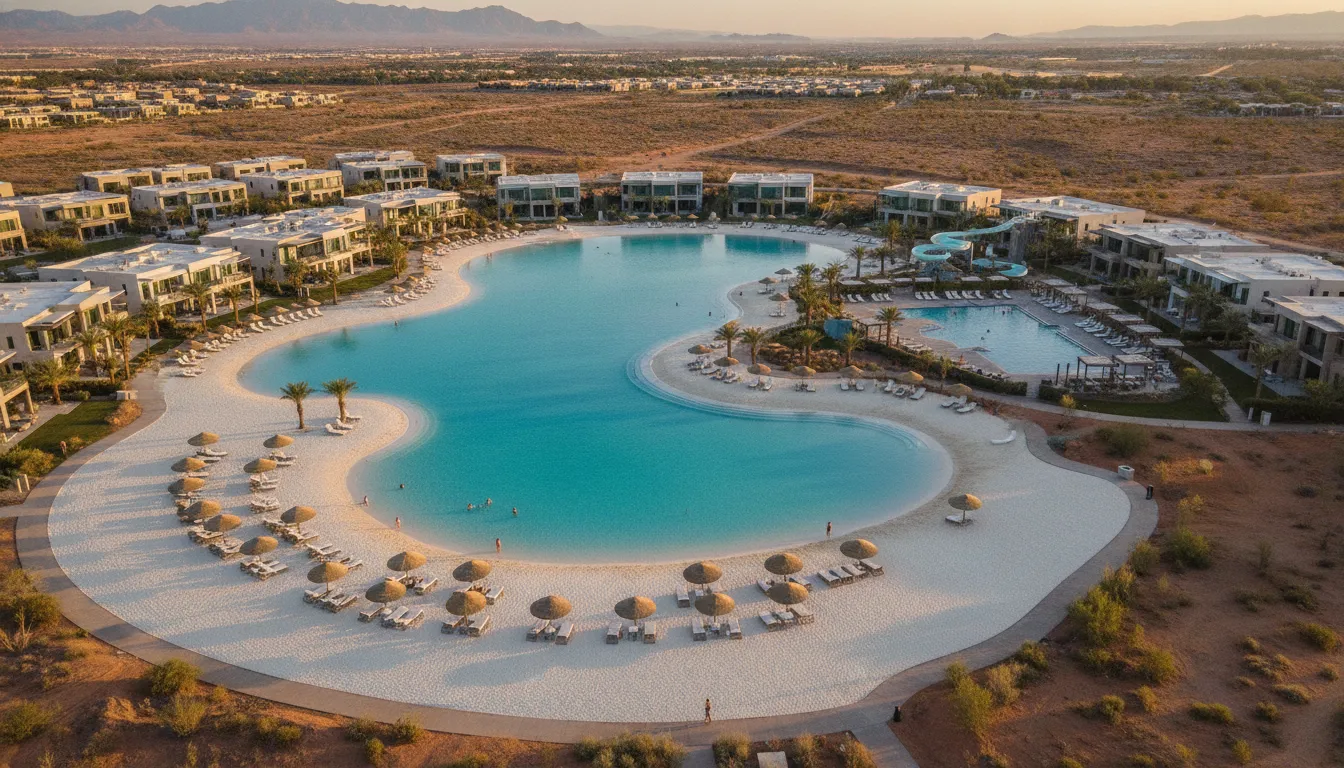 Aerial view of the turquoise swim lagoon and white-sand shoreline at the Desert Color community in St. George