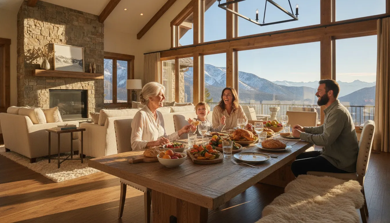 Three generations sharing a meal in a co-ownership vacation home