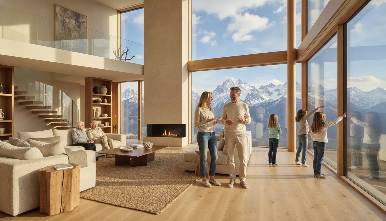 Family touring a furnished vacation home before choosing a co ownership share