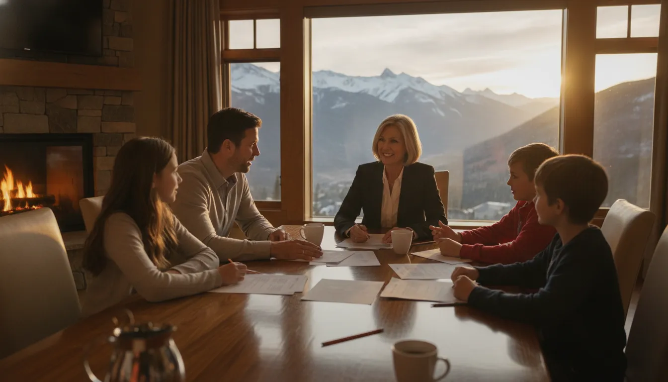 Family discussing financing for deeded fractional vacation-home ownership
