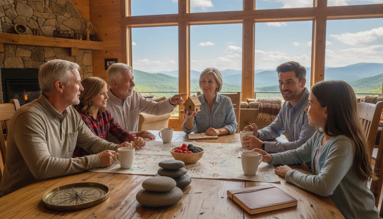 Family discussing a North Carolina vacation home