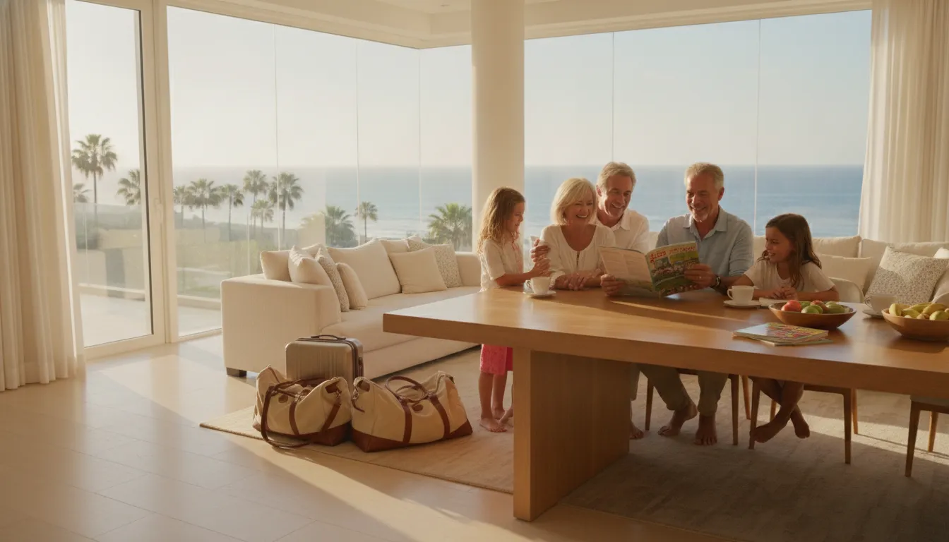 Multigenerational family discussing a vacation home layout