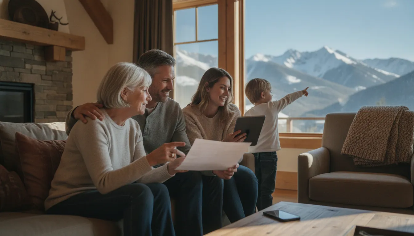 Family discussing plans for a shared vacation home