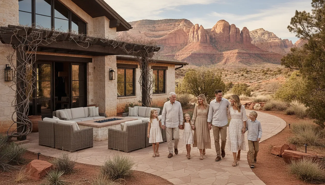 Three generations enjoying time together outdoors near a vacation home