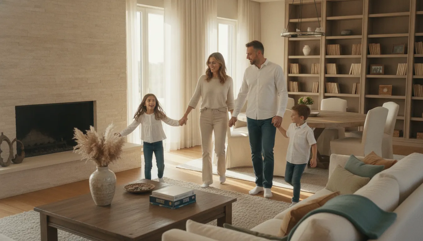 Family walking through a furnished vacation home while evaluating co-ownership