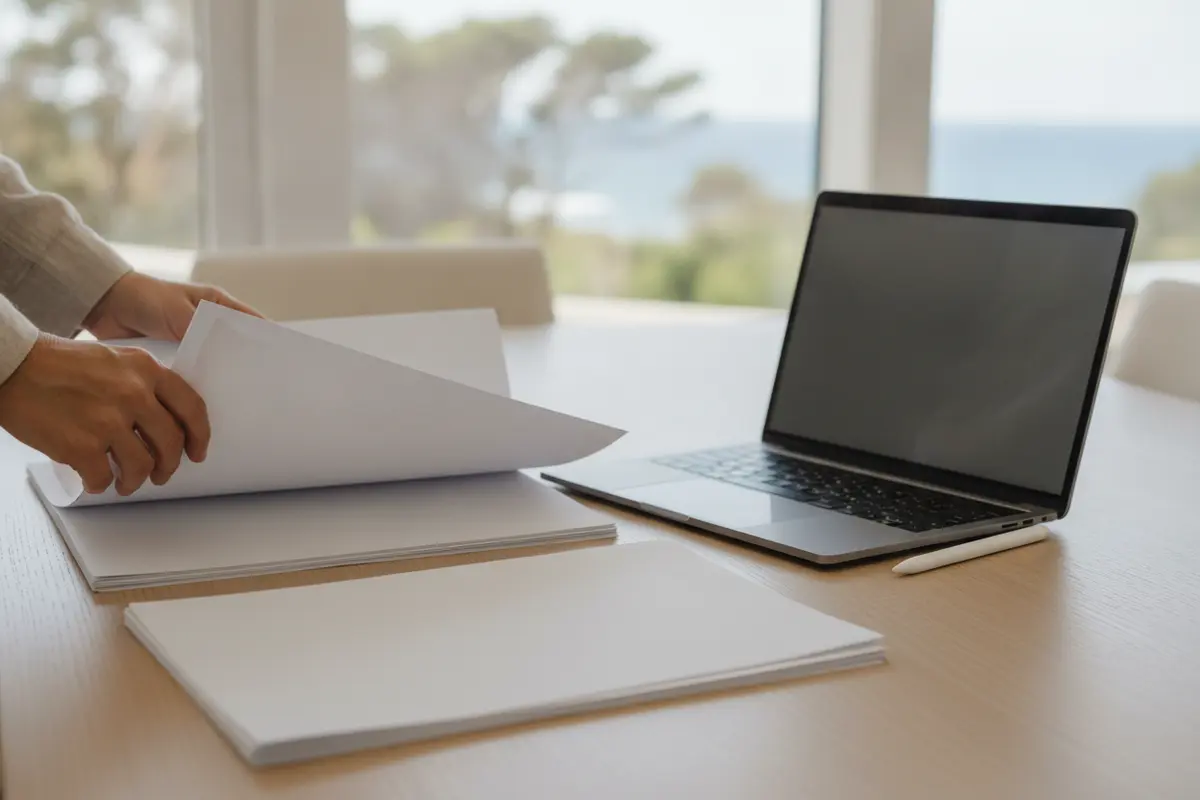 Buyer reviewing co-ownership paperwork at a vacation home