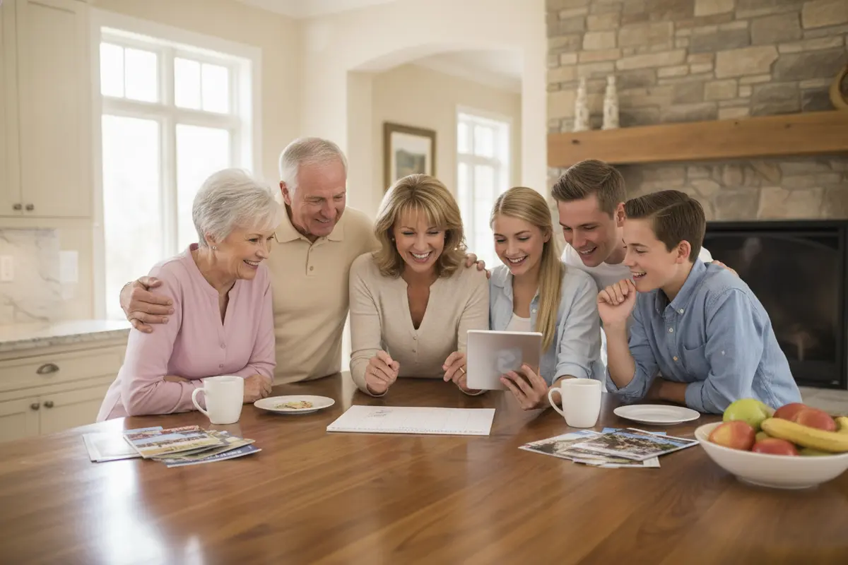 Family discussing shared vacation-home plans together